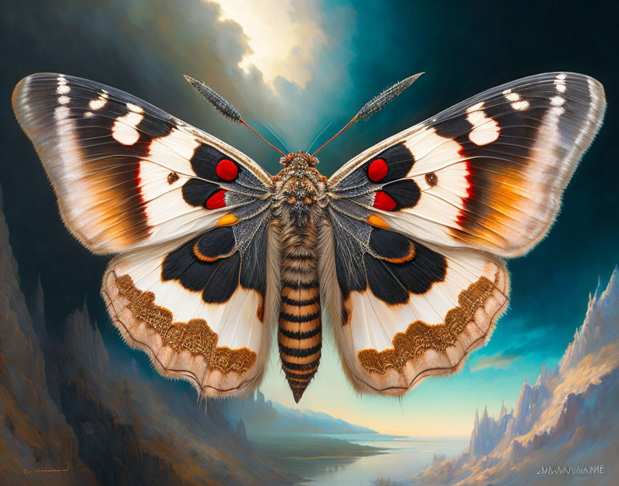 Detailed painting of moth with intricate wing patterns above serene landscape