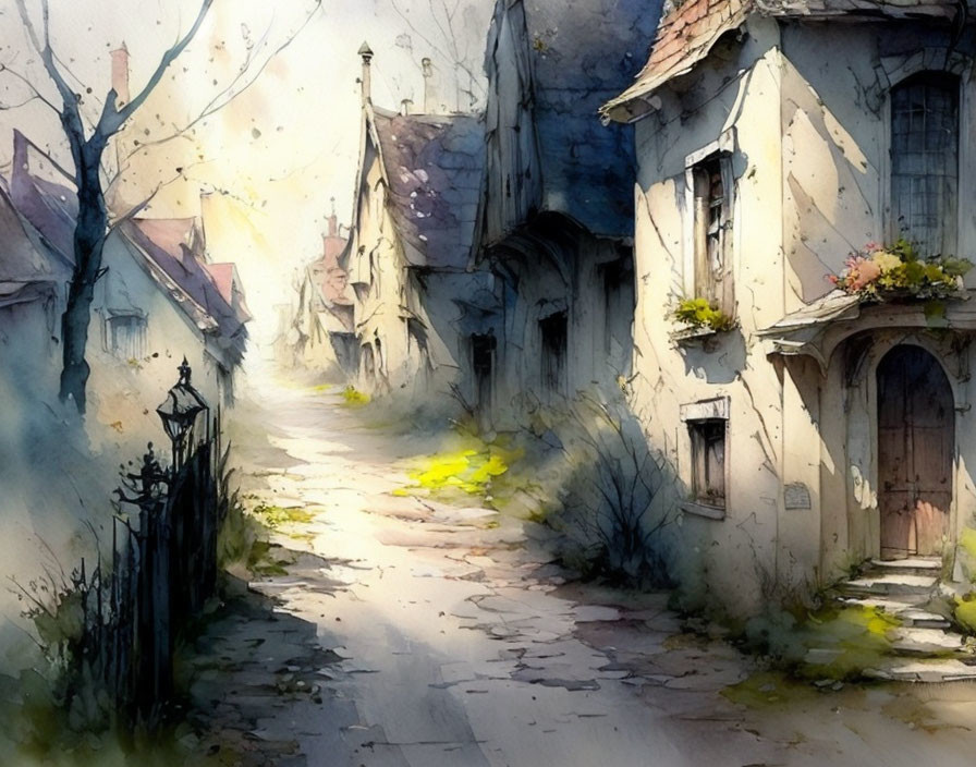 Sunlit cobblestone street with old-fashioned houses in watercolor