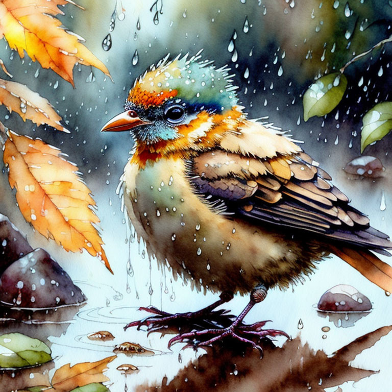 Colorful Bird in Rain with Wet Feathers and Autumn Leaves