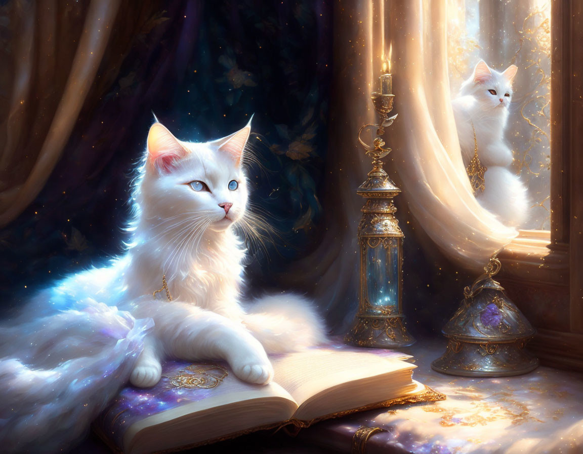 White Cat with Blue Eyes Lounging by Open Book and Candle Lantern