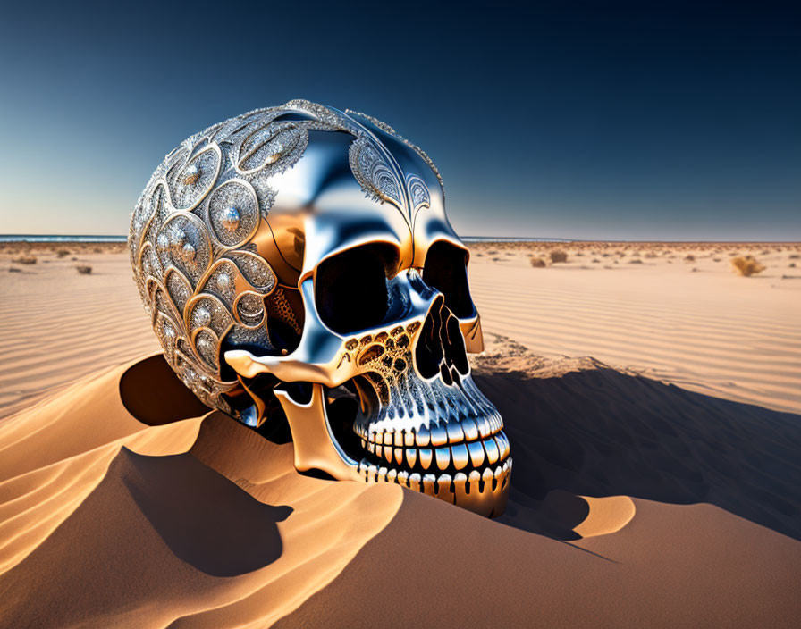 Intricate Silver and Gold Skull on Desert Sands