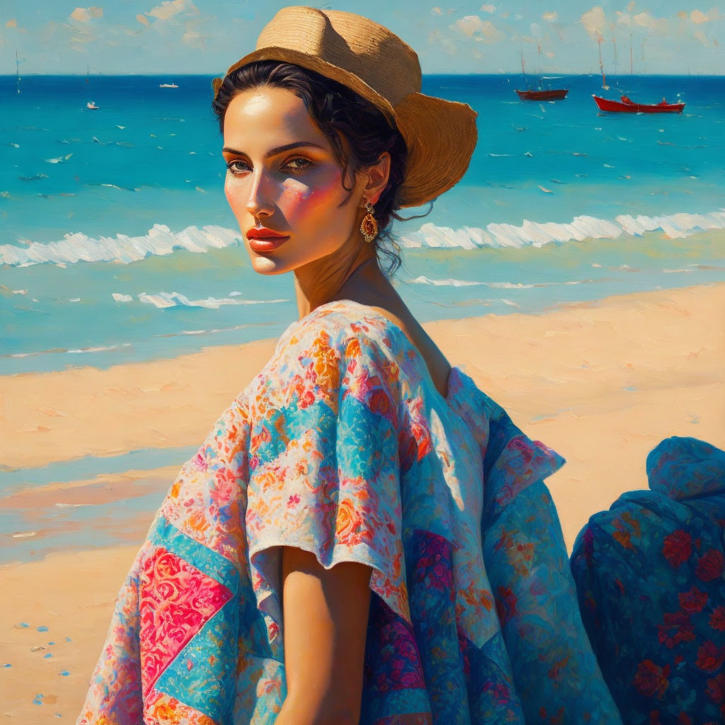 Woman in floral shawl and straw hat on beach with sailboats and blue sky