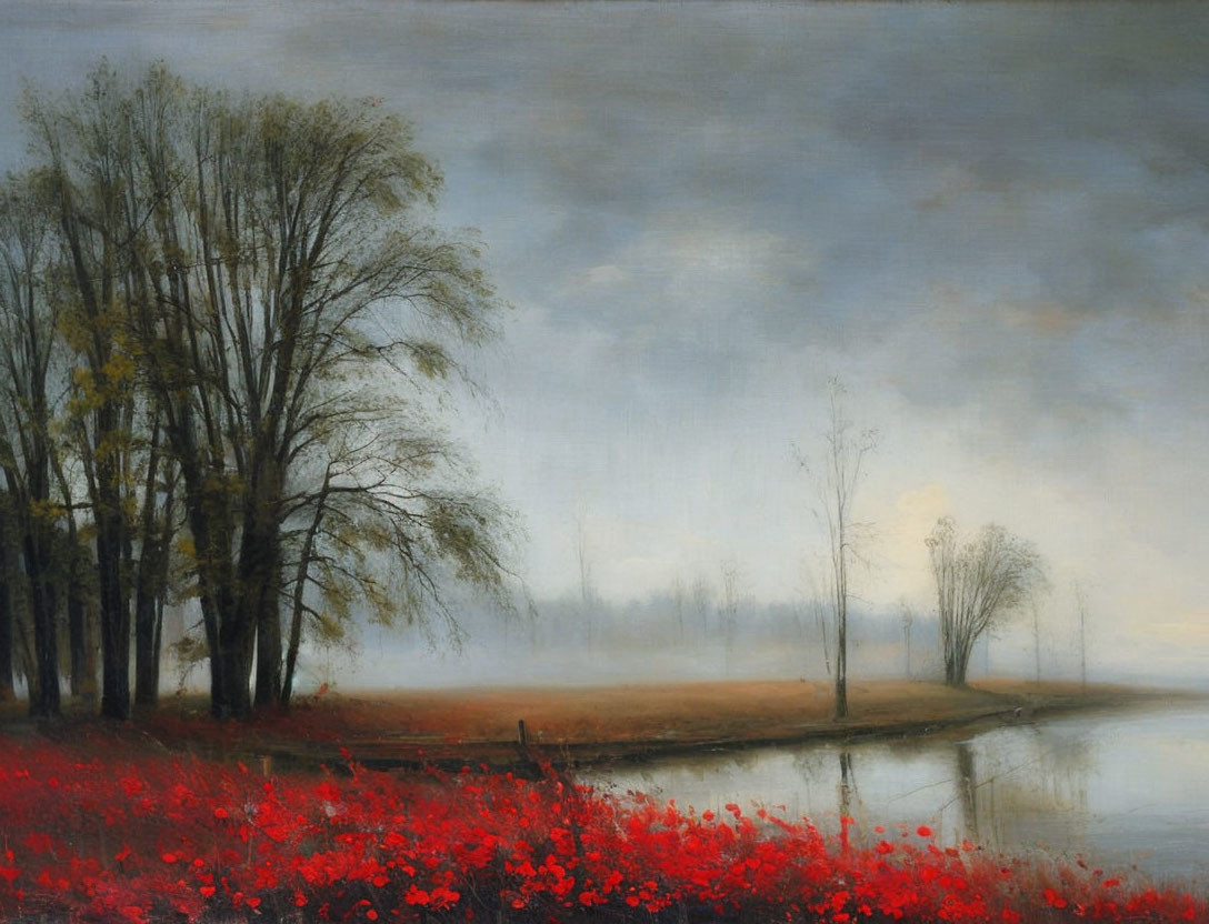 Tranquil landscape painting with misty backdrop, trees, and red flowers