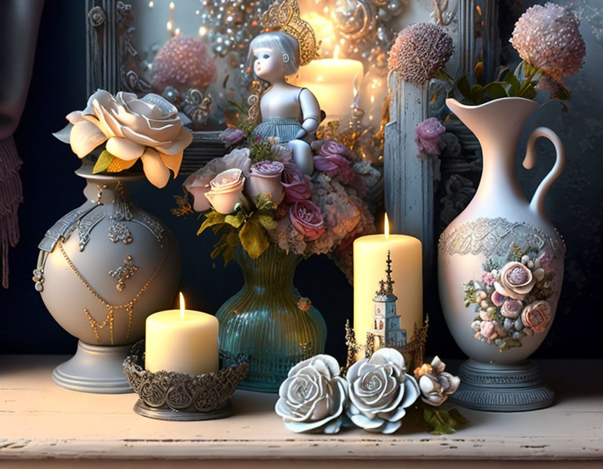 Serene still-life arrangement with candles, ceramic figurine, vases, and flowers