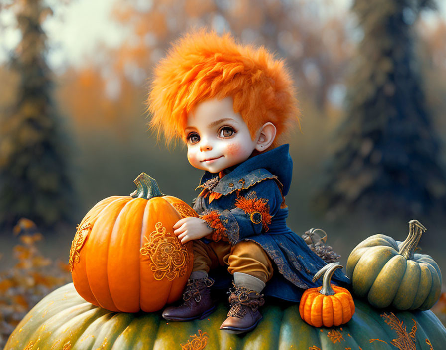 Vibrant orange-haired doll on large pumpkin in autumn setting