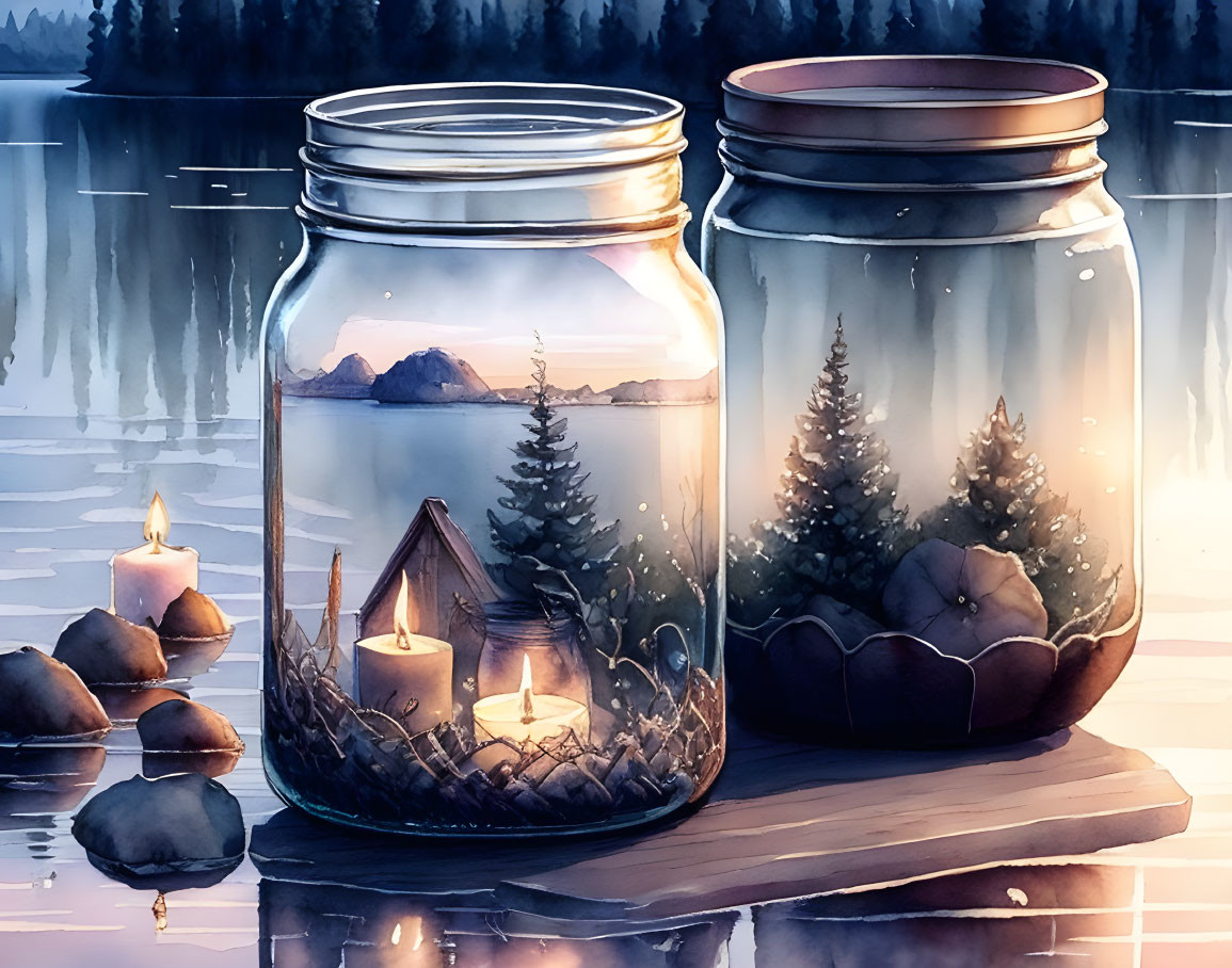 Miniature landscape scenes in glass jars with tent, pine trees, and lake at dusk.