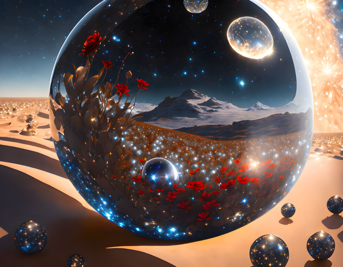 Transparent orb with red flowers in cosmic desert setting