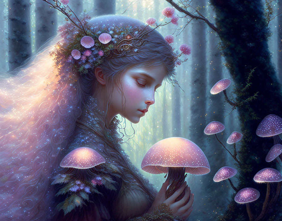 Fantasy maiden with flowers and glowing mushrooms in enchanting forest