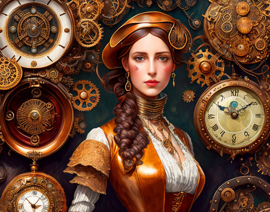 Steampunk-themed woman with braid against gear backdrop