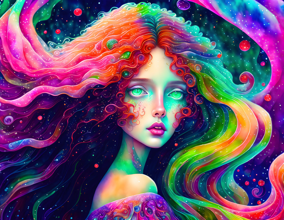 Colorful digital artwork: Woman with cosmic hair and star-speckled skin