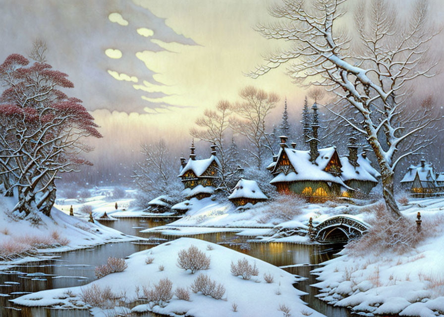 Snow-covered cottages by river in winter twilight