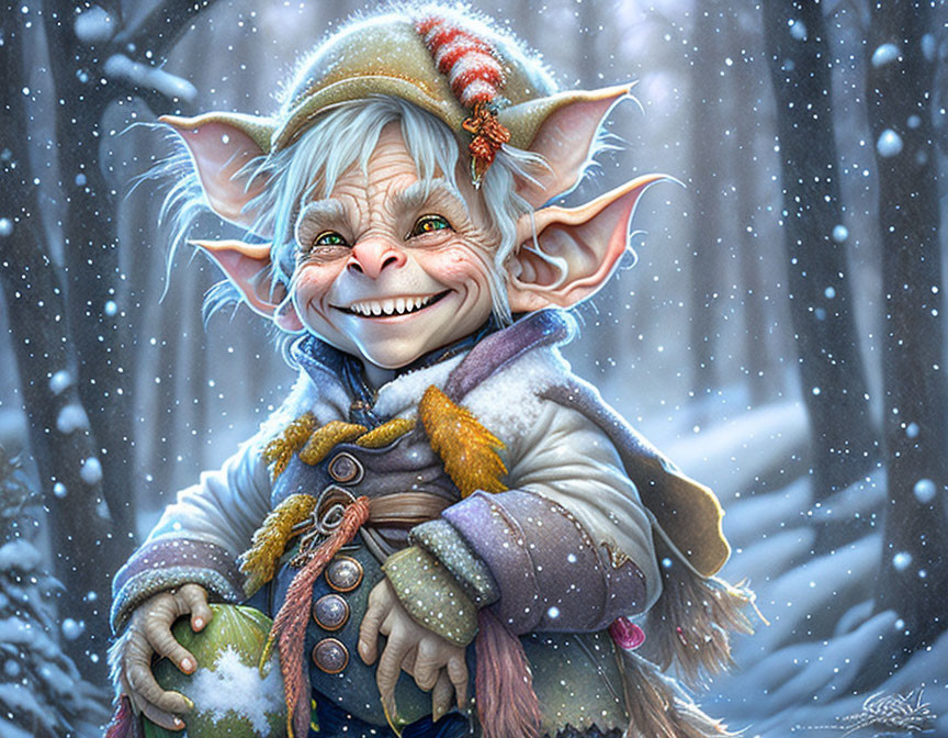 Cheerful fantasy creature in winter coat smiling in snowfall