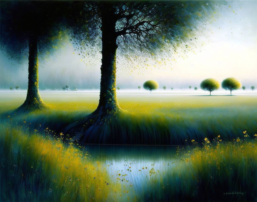 Mystical landscape with shadowy trees and yellow flowers