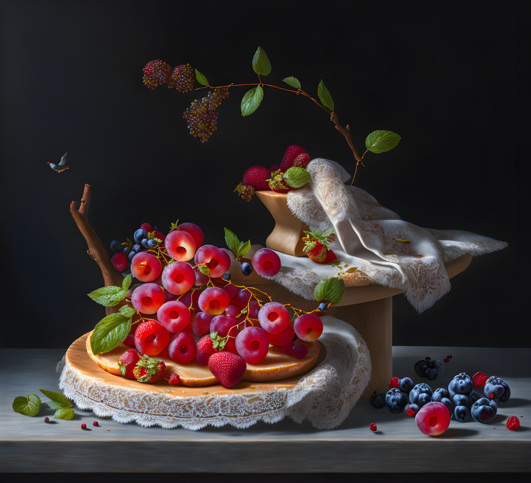 Fruit still life on wooden plate with branch and cloth on dark background