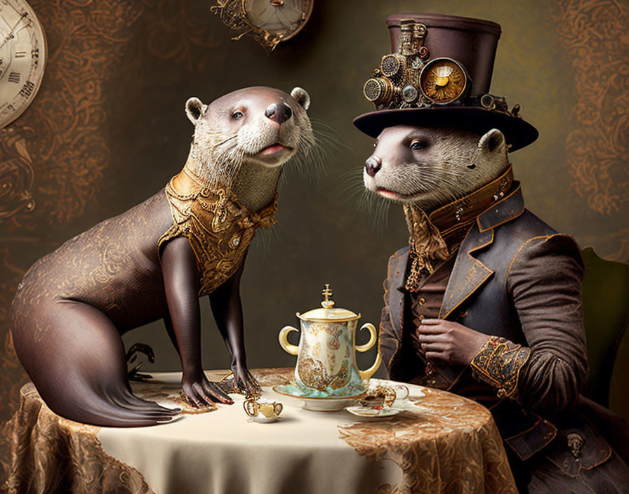 Victorian-themed anthropomorphic otters having tea at a table