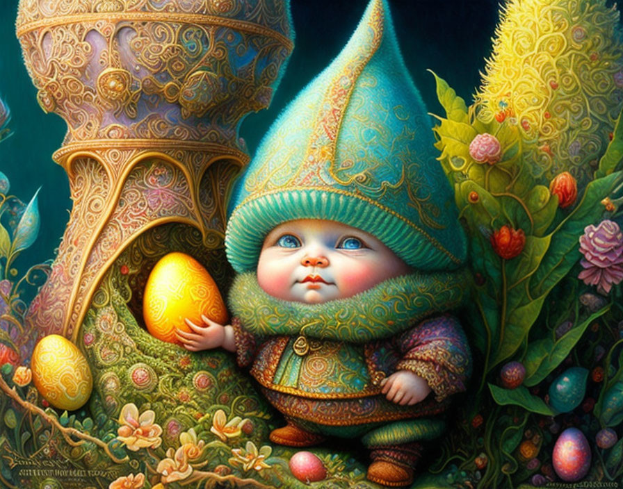 Whimsical gnome character with golden egg in fantasy setting