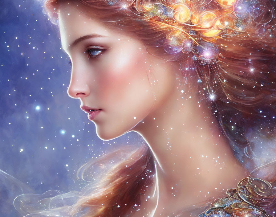 Close-up of woman with radiant skin against cosmic backdrop and star-like hair embellishments