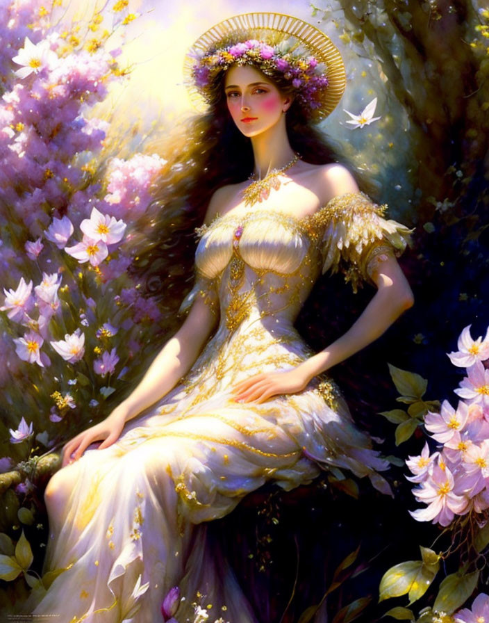 Elegant woman in ornate dress with gold accents among lush flowers