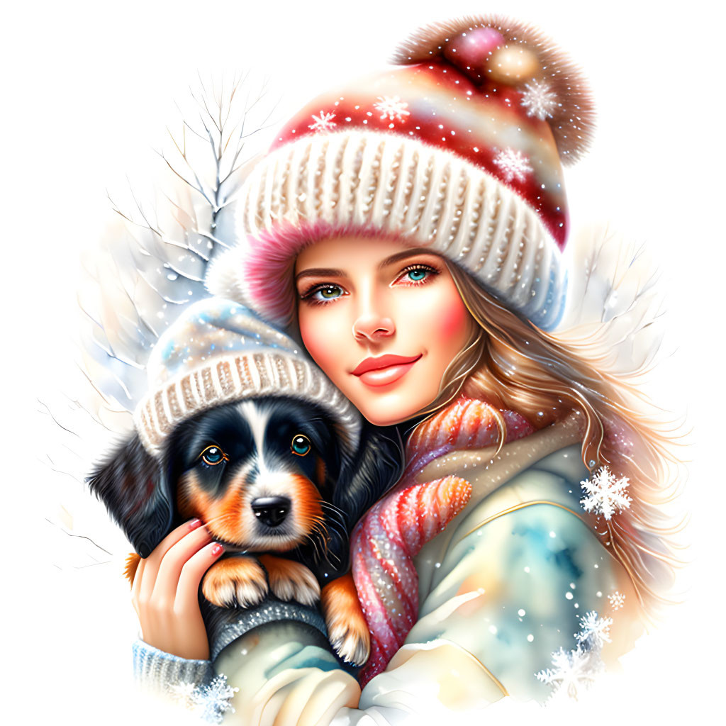 Smiling woman and dog in winter attire with snowflakes