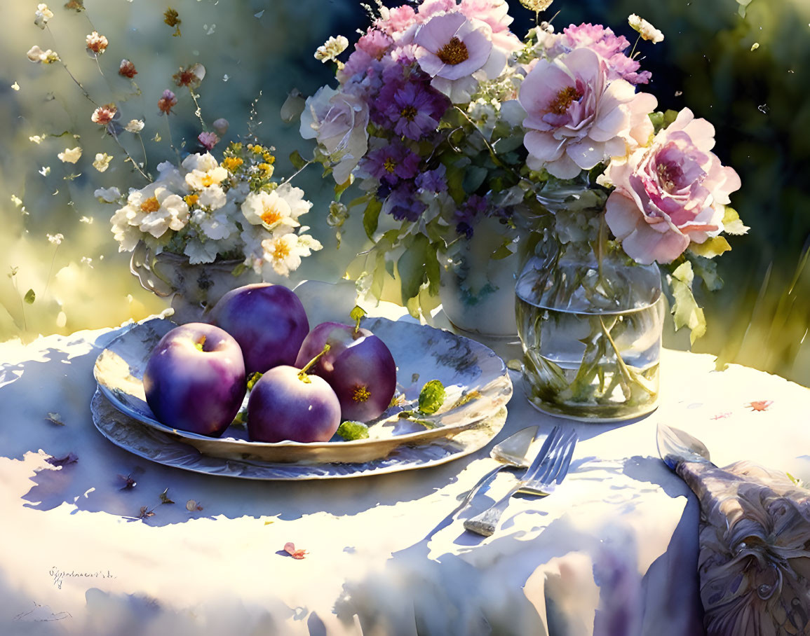 Plums, flowers, and cutlery in sunlight scene