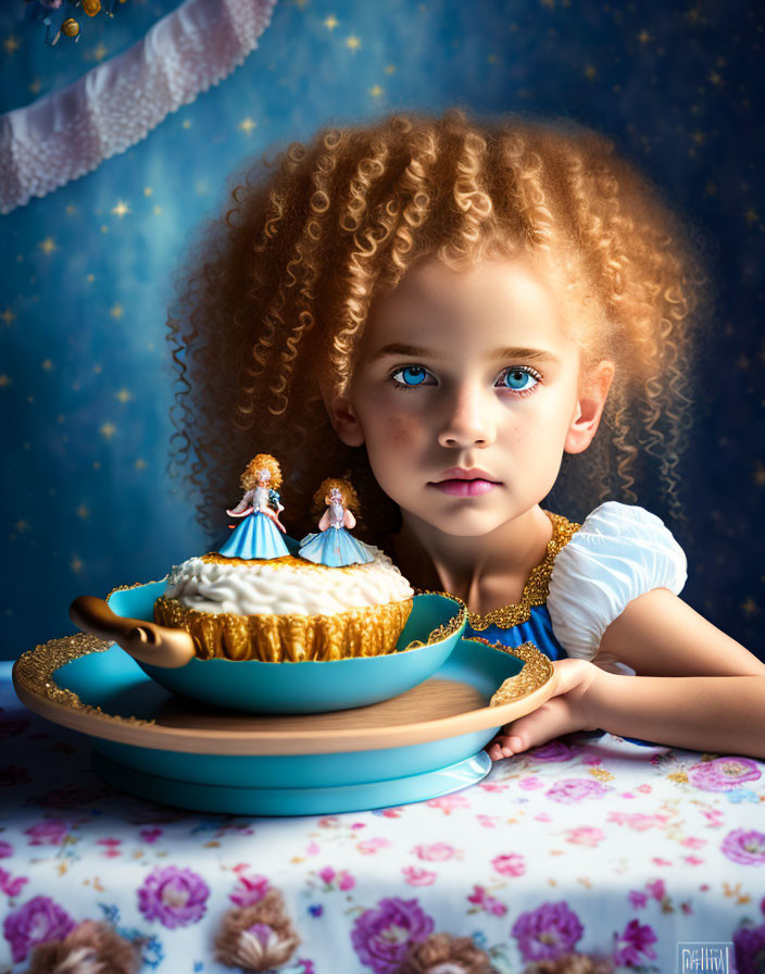 Curly-haired child admires cupcake with tiny figurines on table