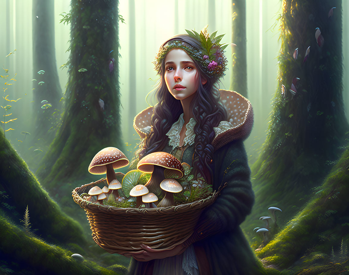 Young woman in forest with leaf crown, holding mushroom basket, surrounded by butterflies & light.