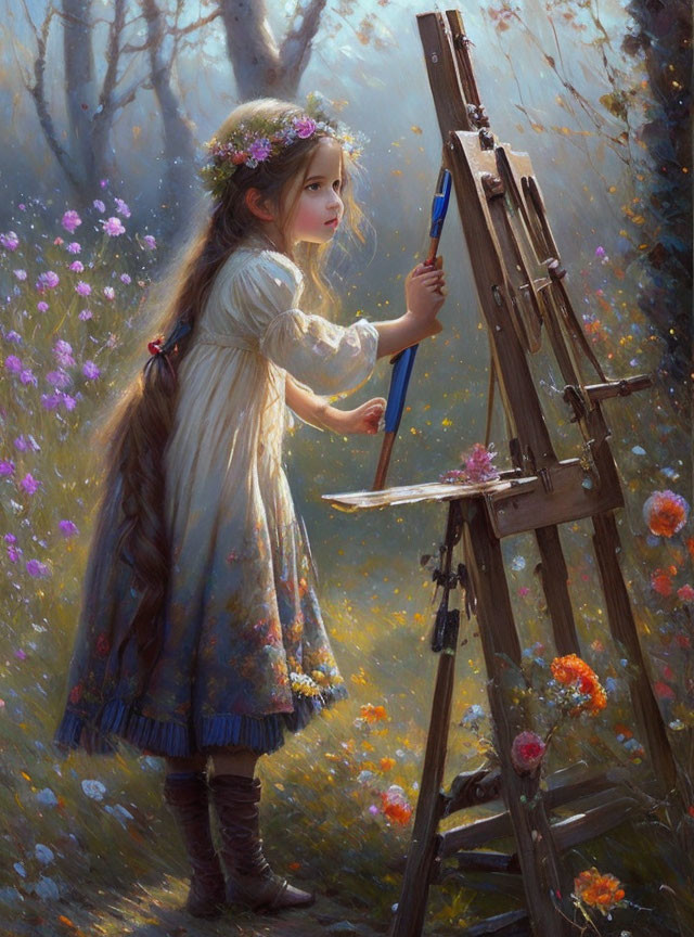 Young girl painting in sunlit flower-filled clearing