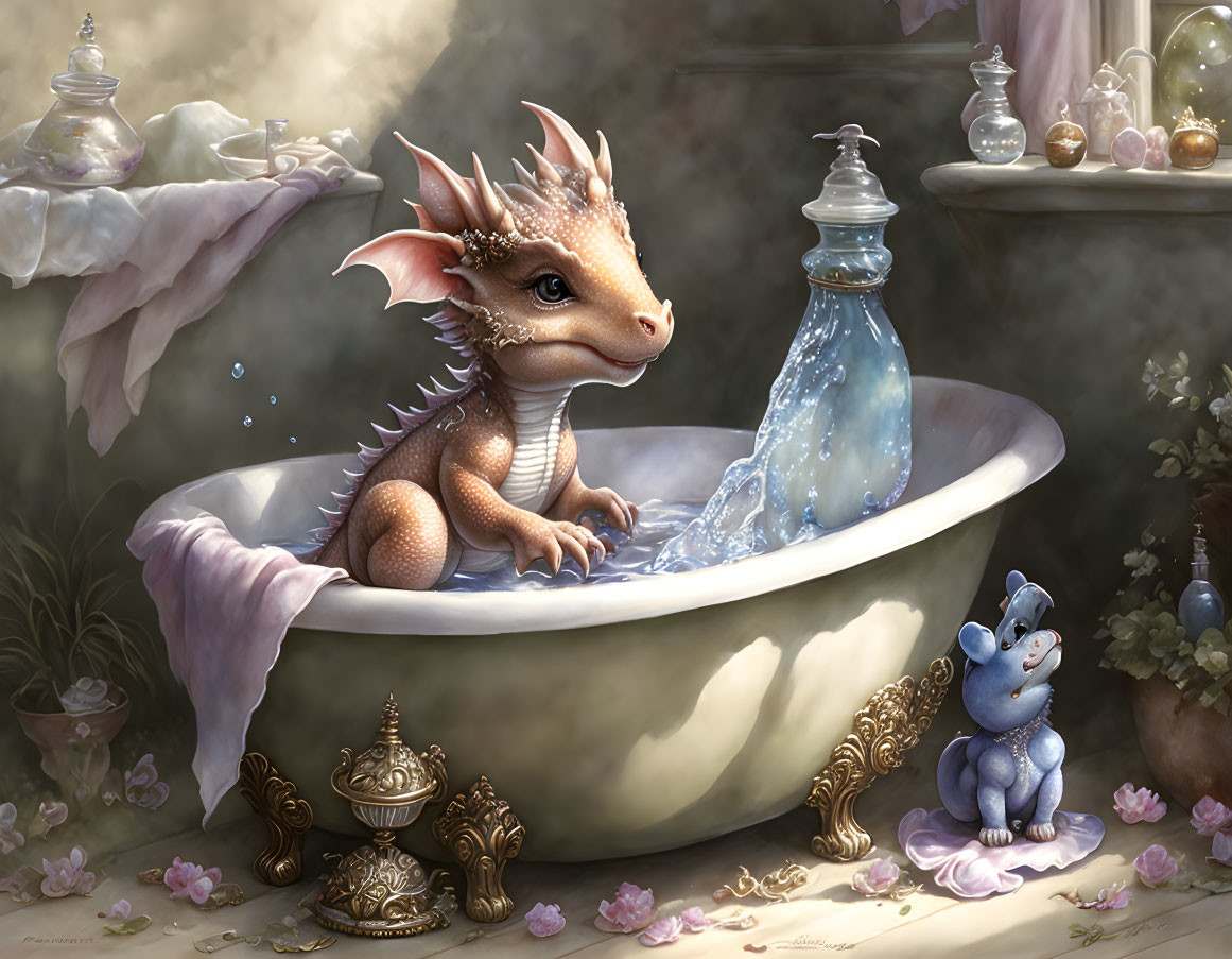 Young dragon bathes with blue mouse in elegant bathroom scene