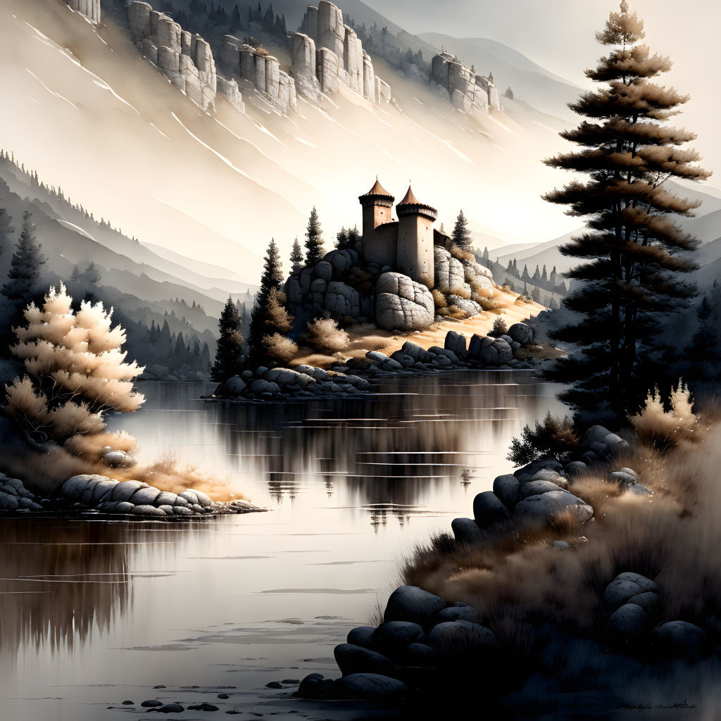 Tranquil stone castle on islet in calm lake with pine trees and rocky terrains