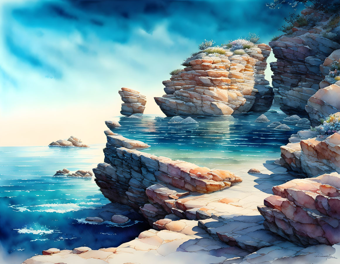 Tranquil coastal landscape with layered rocks, shrubs, and calm sea