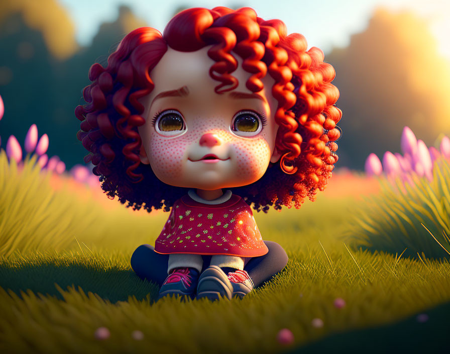 Red-haired child with freckles and big eyes in animated style sitting on grass among purple flowers under