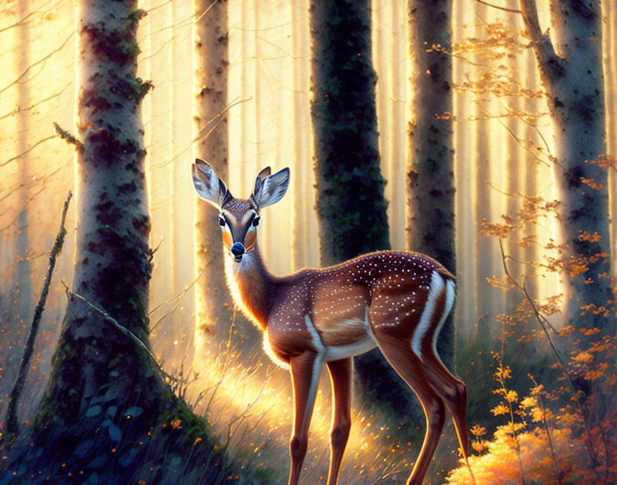 Sunlit forest scene with gentle deer and warm light piercing through trees