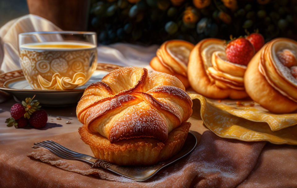 Golden pastries with powdered sugar & coffee on elegantly set table