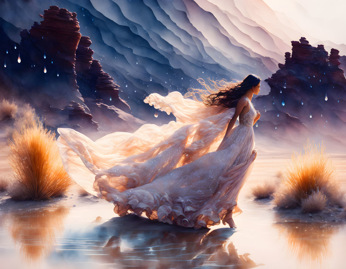 Woman in flowing gown walks through mystical desert with striking rock formations at twilight