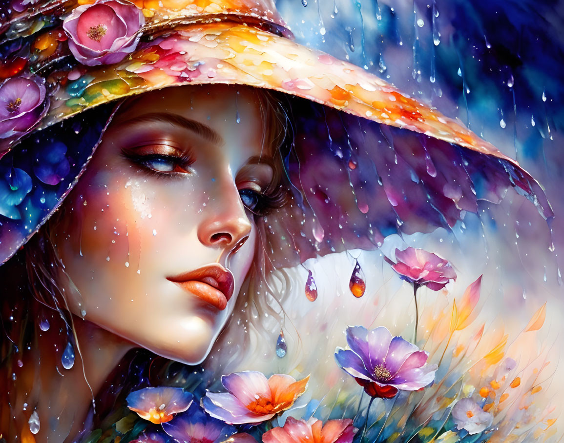 Detailed close-up illustration of woman with closed eyes in floral hat with raindrops and flowers.