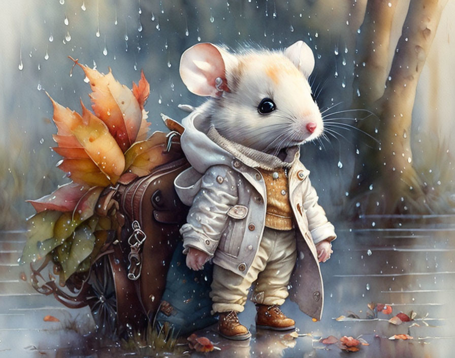 Anthropomorphic mouse in jacket and boots with leaf-filled backpack in rainy forest