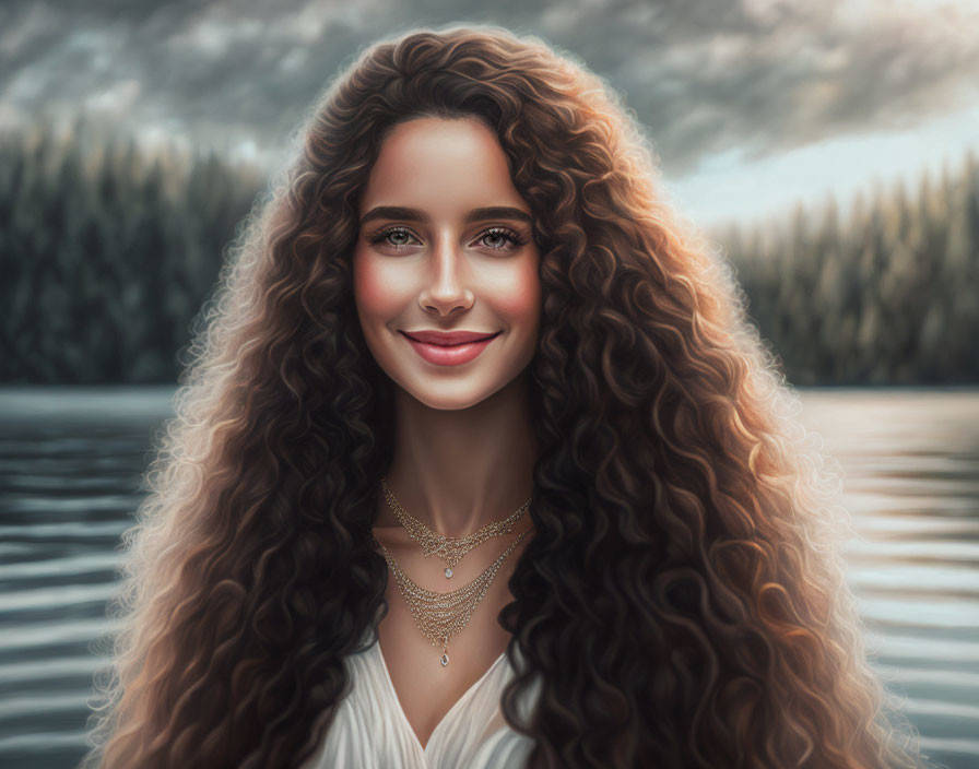 Smiling woman with long curly hair by serene lake and forest