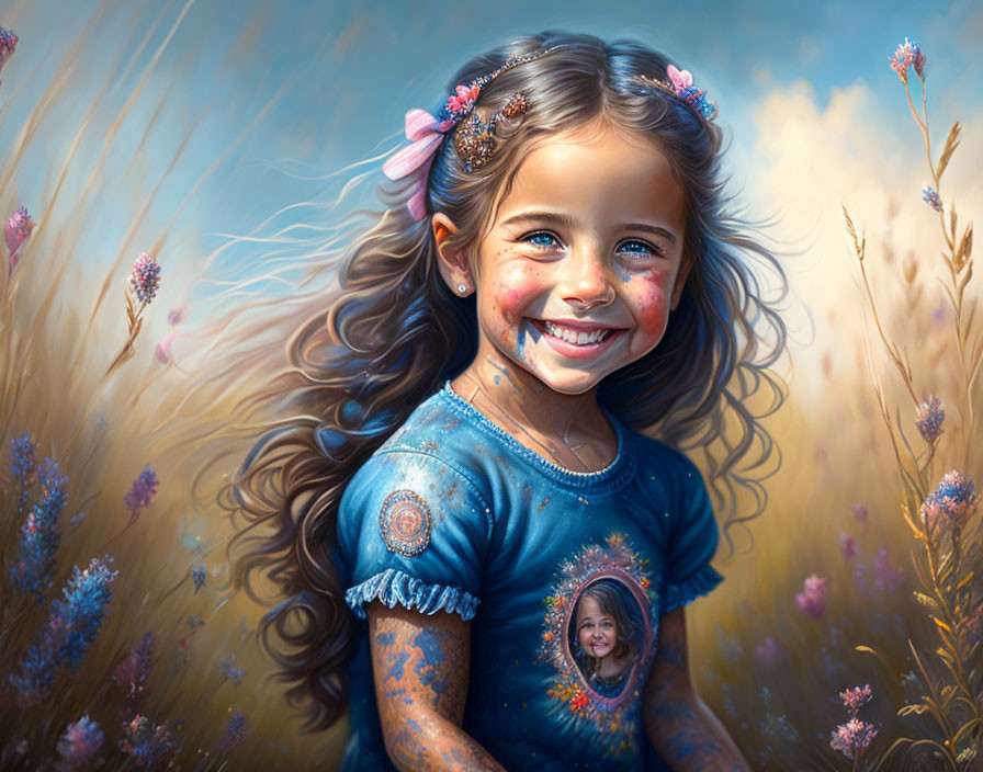 Smiling young girl with flowers in hair sitting in wildflower field