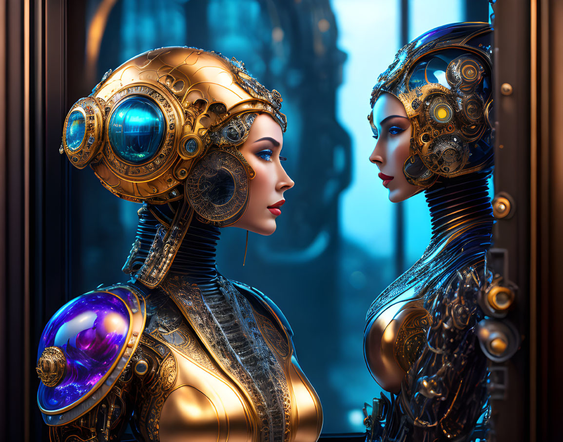 Detailed Gold and Blue Humanoid Robots in Futuristic Setting