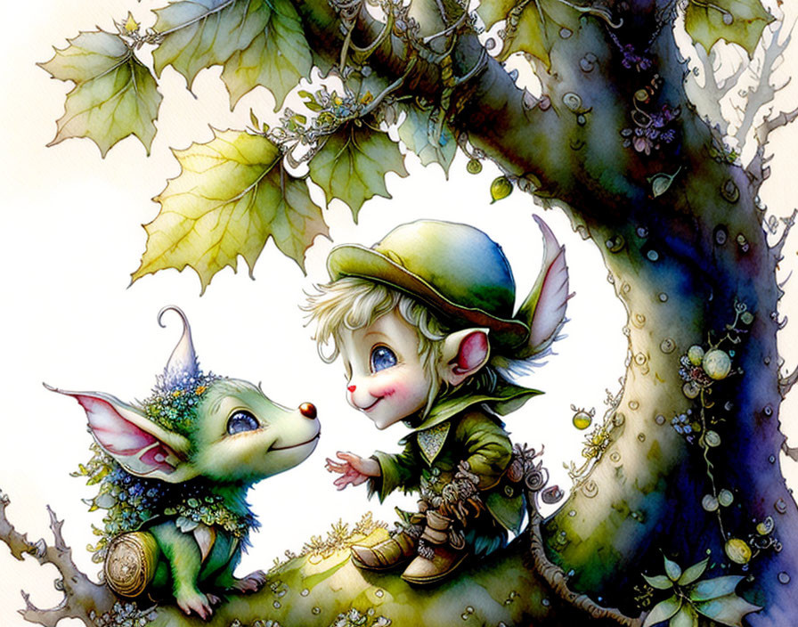 Whimsical illustration of fairy-tale creatures under leafy tree