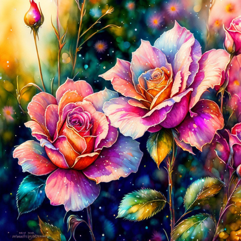 Colorful Rose Painting with Magical Glow and Dreamy Background