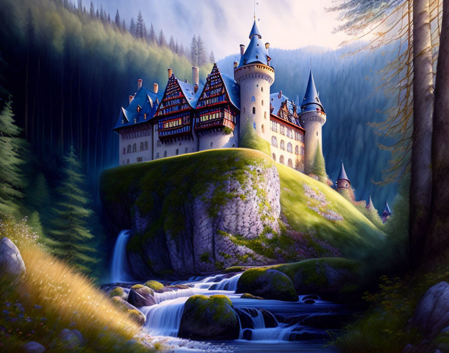 Majestic castle on rock with blue rooftops in serene forest