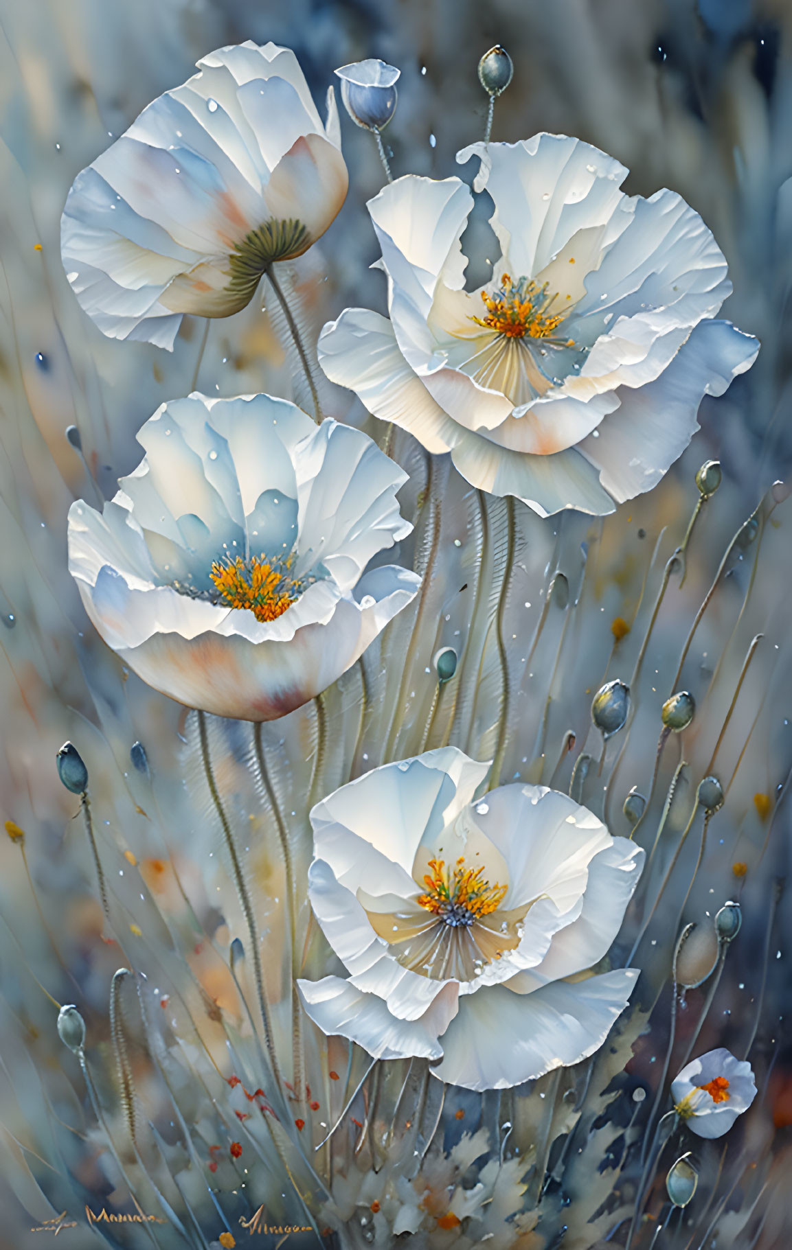 White poppies illustration with delicate petals and dew drops on blue and beige background