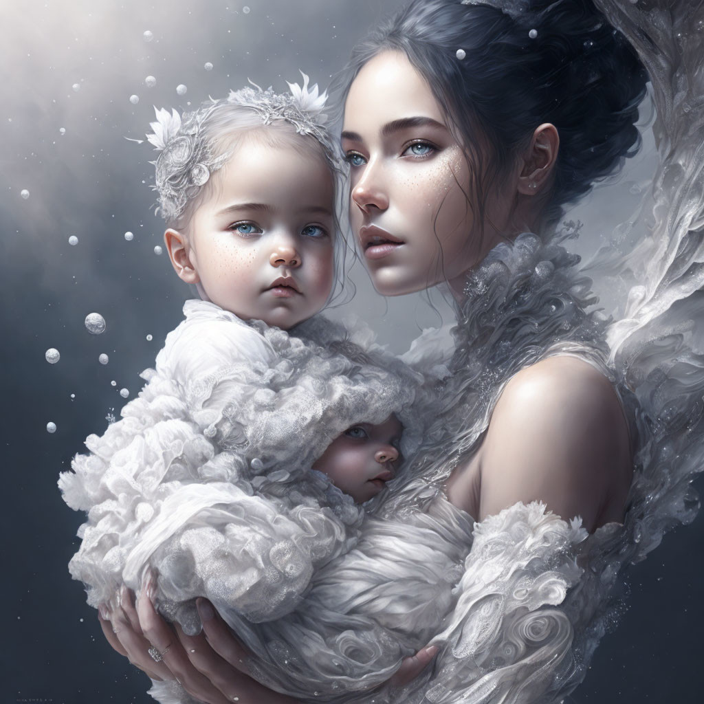 Portrait of woman with blue eyes holding child in white attire, surrounded by mist and bubbles