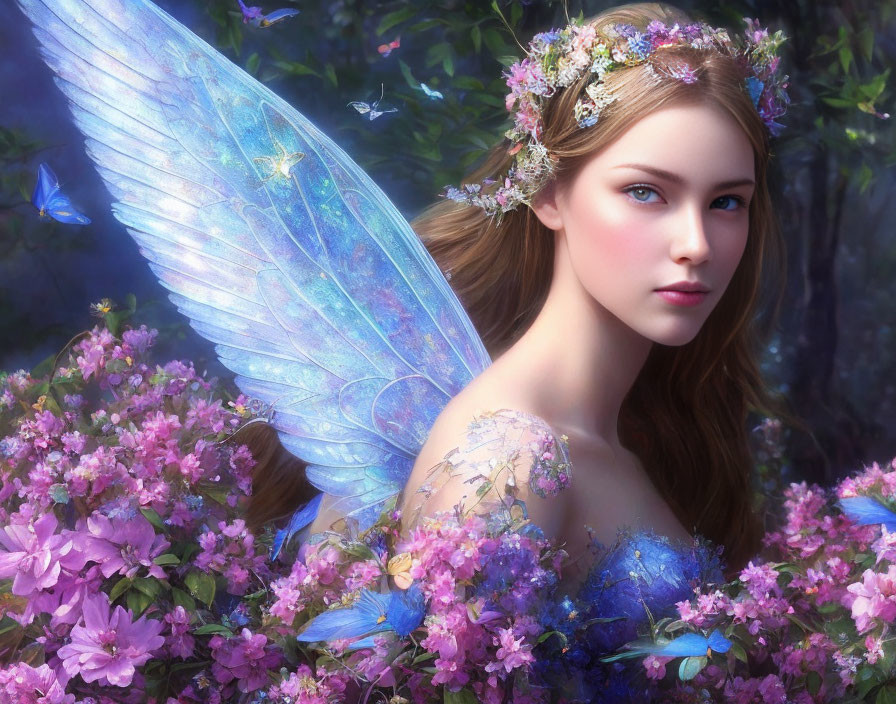 Female fairy with iridescent wings in lush floral setting