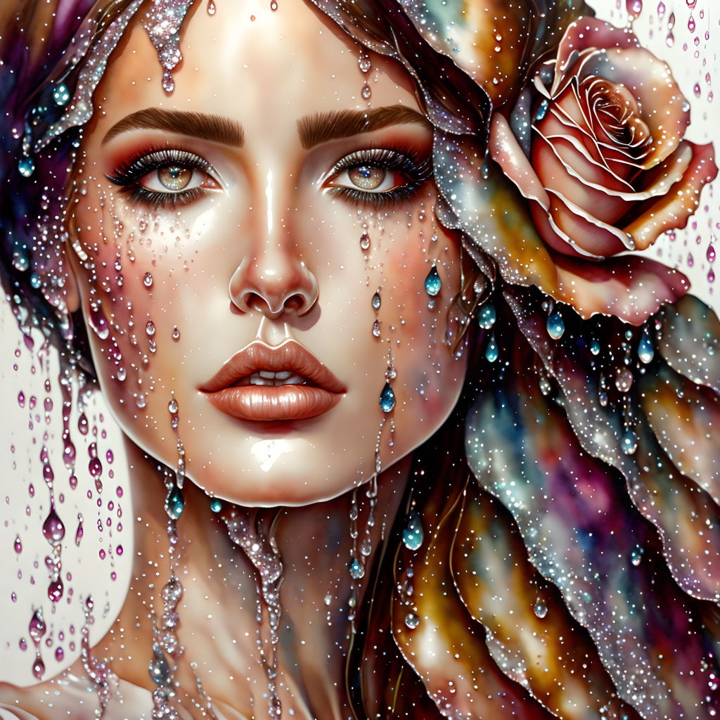 Detailed digital portrait of a woman with teardrops, rose, sparkling skin, and cosmic backdrop.