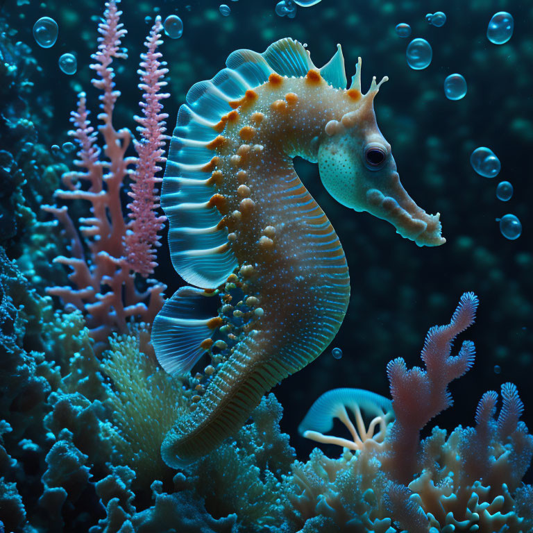 Colorful seahorse in coral reef underwater scene