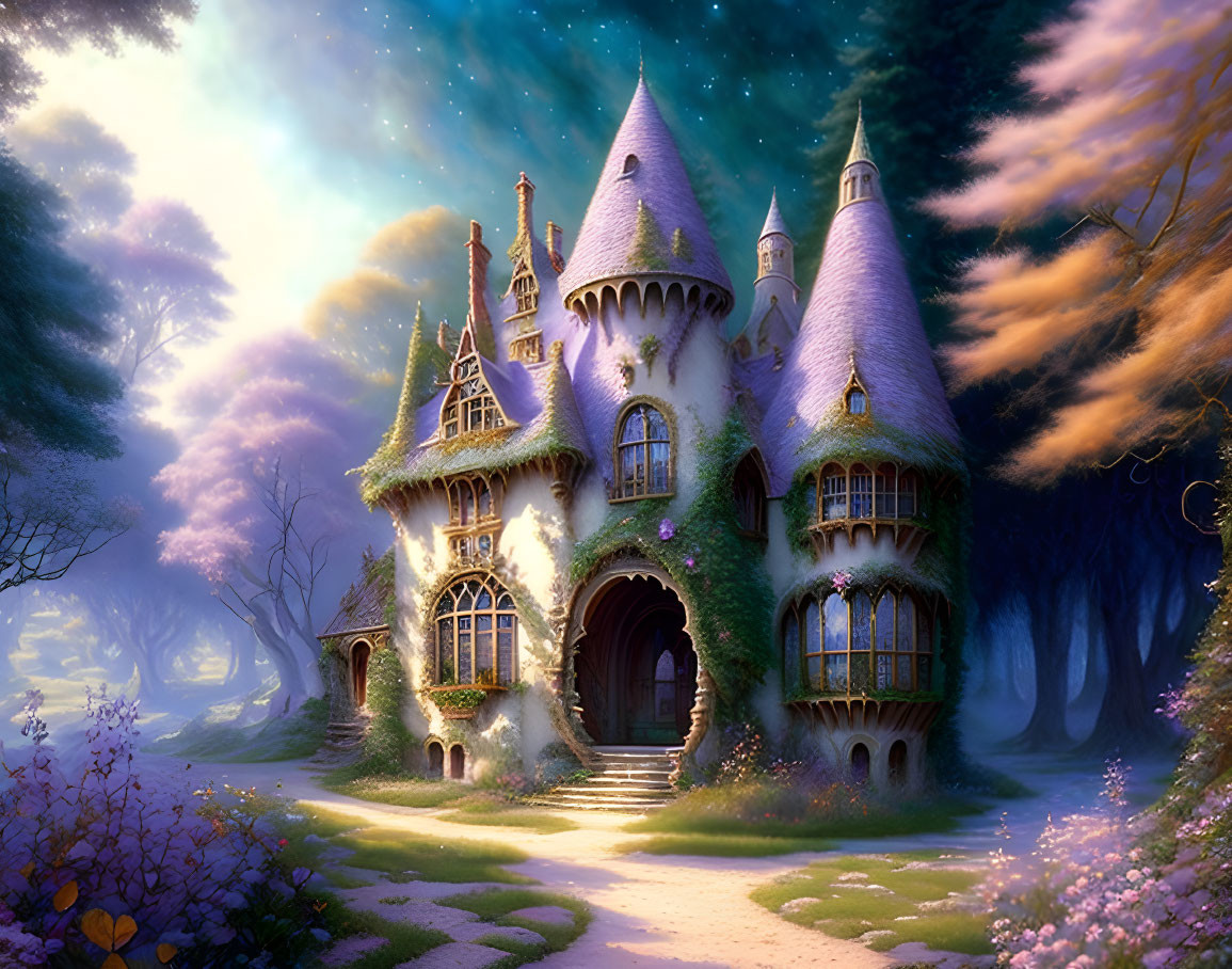 Enchanting fairy-tale cottage in mystical forest at twilight