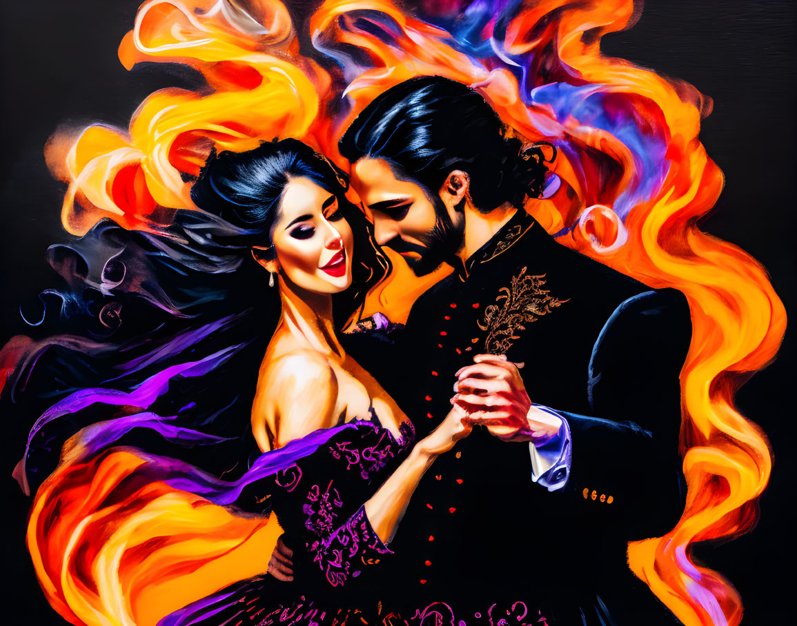 Colorful painting of couple dancing in fiery swirls