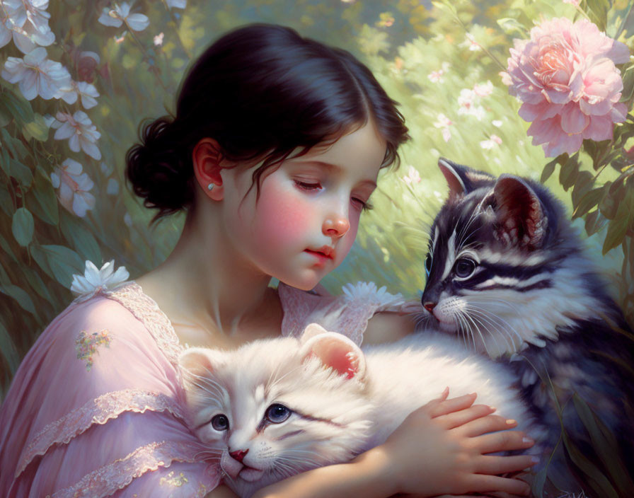 Young girl in pink dress holding kittens in lush garden setting